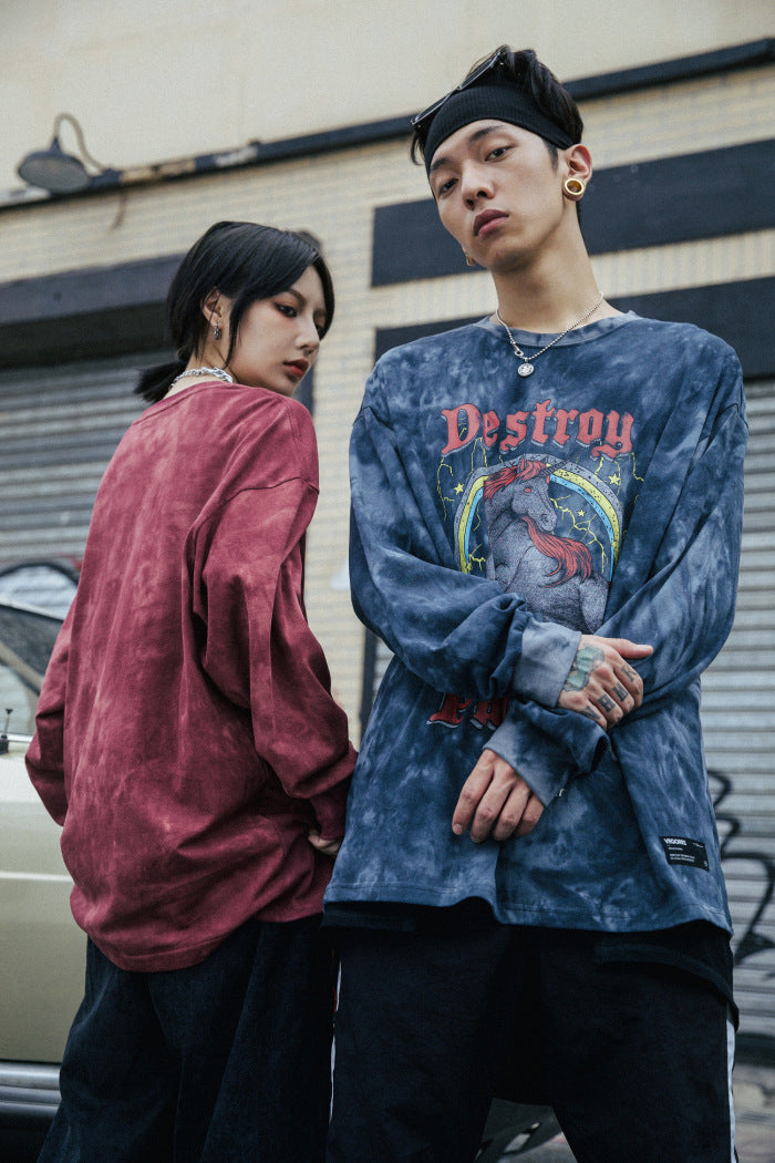 Hip Hop T Shirt Men Streetwear Print Wild Horse Long Sleeve Tees Harajuku Cotton Loose Tshirts Tie Dye Mens Fashion Tops | Vimost Shop.