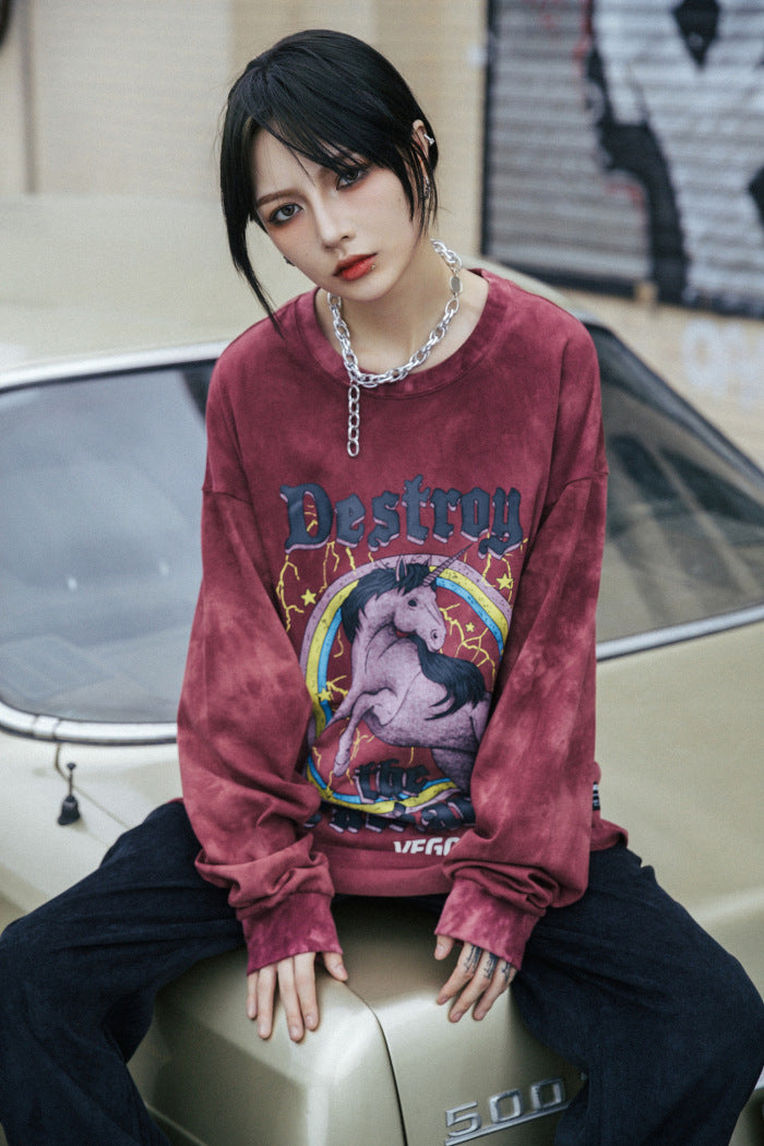 Hip Hop T Shirt Men Streetwear Print Wild Horse Long Sleeve Tees Harajuku Cotton Loose Tshirts Tie Dye Mens Fashion Tops | Vimost Shop.