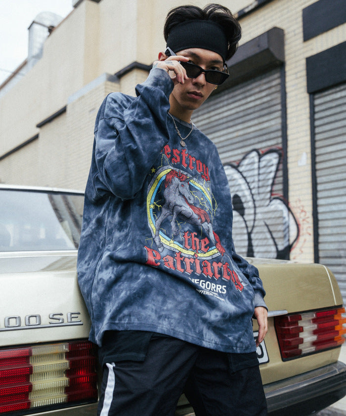 Hip Hop T Shirt Men Streetwear Print Wild Horse Long Sleeve Tees Harajuku Cotton Loose Tshirts Tie Dye Mens Fashion Tops | Vimost Shop.