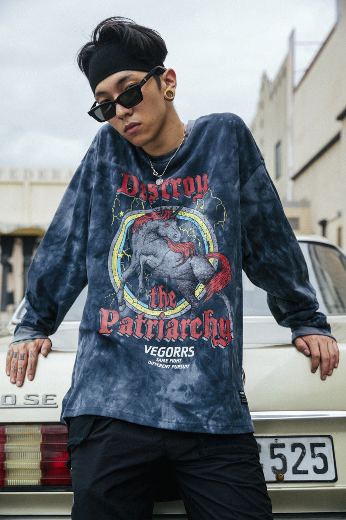 Hip Hop T Shirt Men Streetwear Print Wild Horse Long Sleeve Tees Harajuku Cotton Loose Tshirts Tie Dye Mens Fashion Tops | Vimost Shop.