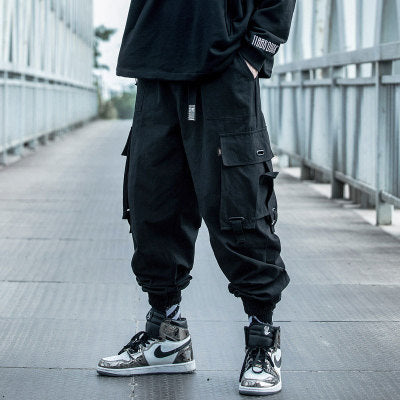 Men Hip Hop Black Cargo Pants joggers Sweatpants Multi-pocket Ribbons men's sports pants streetwear casual men's casual pants | Vimost Shop.