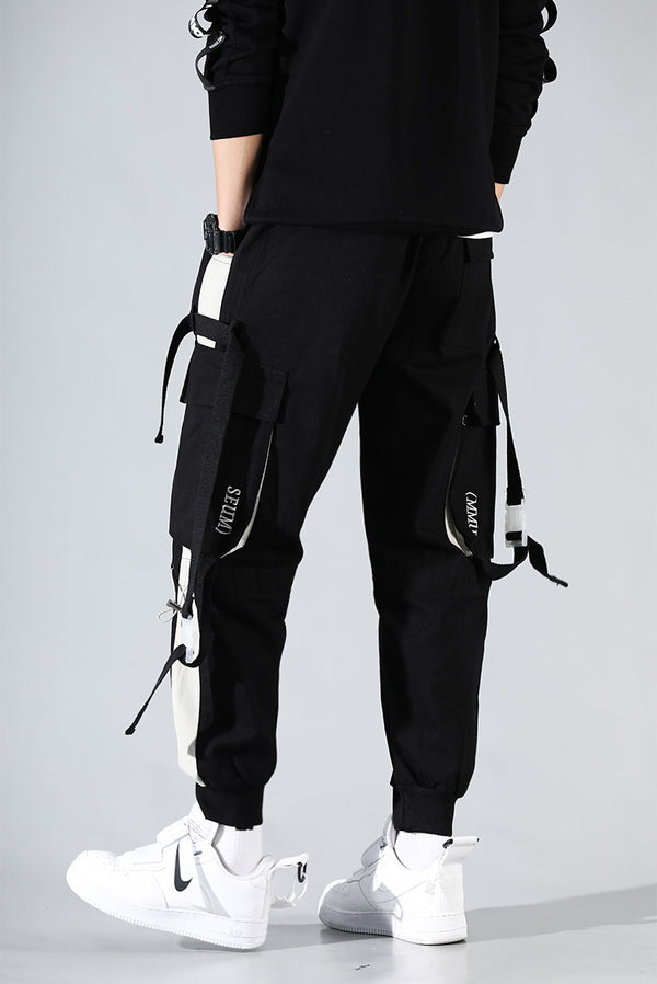 Men Hip Hop Black Cargo Pants joggers Sweatpants Multi-pocket Ribbons men's sports pants streetwear casual men's casual pants | Vimost Shop.
