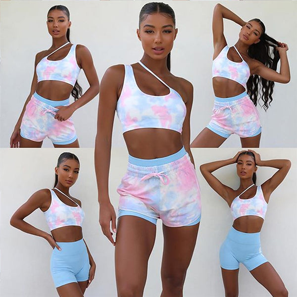 Tie Dye Print 2 Piece Set Women Yoga Suit One Shoulder Vest Bra Top Fitness Leggings GYM Workout Sport Pants Tracksuit | Vimost Shop.