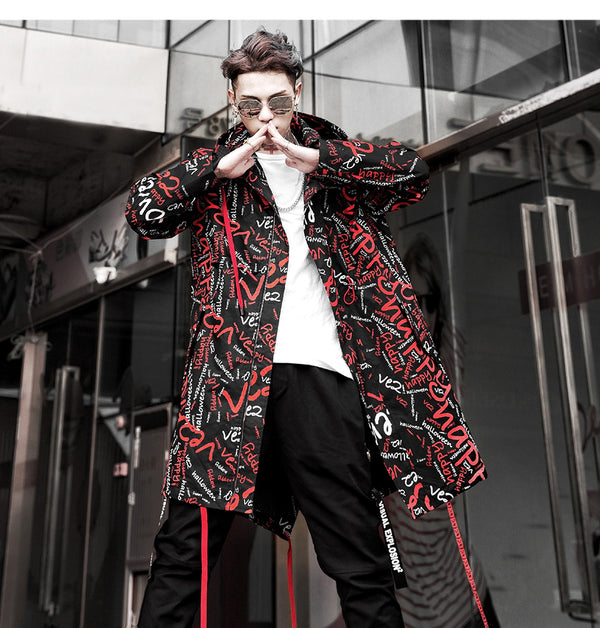Extra Long Jacket Trench Men Full Letter Print Harajuku Windbreaker Nightclub Overcoat Male Casual Outwear KJ166 | Vimost Shop.