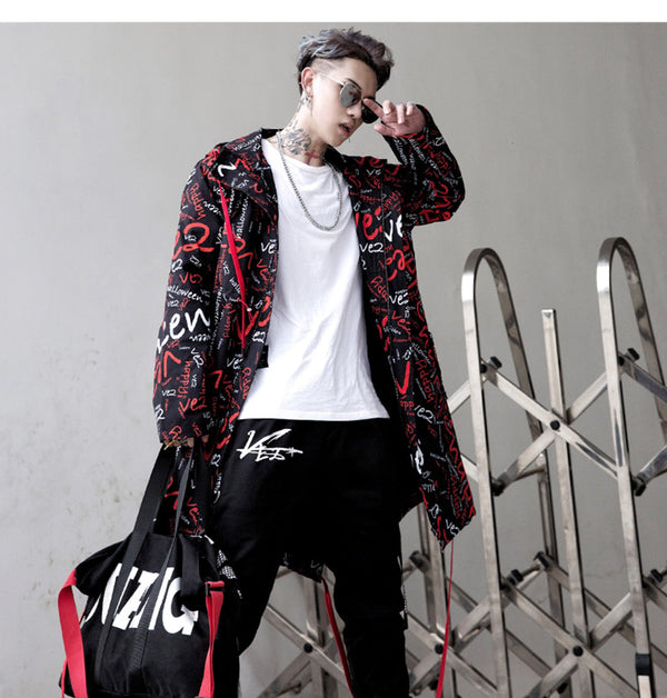 Extra Long Jacket Trench Men Full Letter Print Harajuku Windbreaker Nightclub Overcoat Male Casual Outwear KJ166 | Vimost Shop.