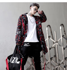 Extra Long Jacket Trench Men Full Letter Print Harajuku Windbreaker Nightclub Overcoat Male Casual Outwear KJ166