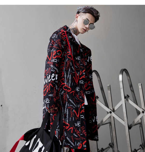 Extra Long Jacket Trench Men Full Letter Print Harajuku Windbreaker Nightclub Overcoat Male Casual Outwear KJ166 | Vimost Shop.