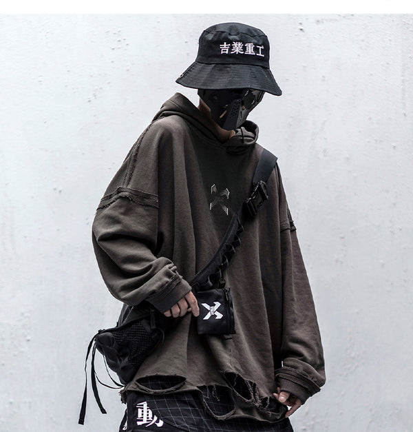 Vintage Hole Letter Printed Hoodie Men treetwear Hip Hop Loose Sweatshirts Techwear Fashion Hoodie Pulover | Vimost Shop.