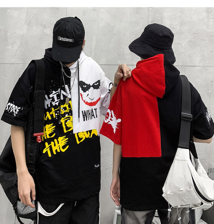 Hip Hop Color Block Smile Letter Print Men T Shirt Harajuku Fashion Streetwear Hooded Casual Cotton Tops Tee | Vimost Shop.