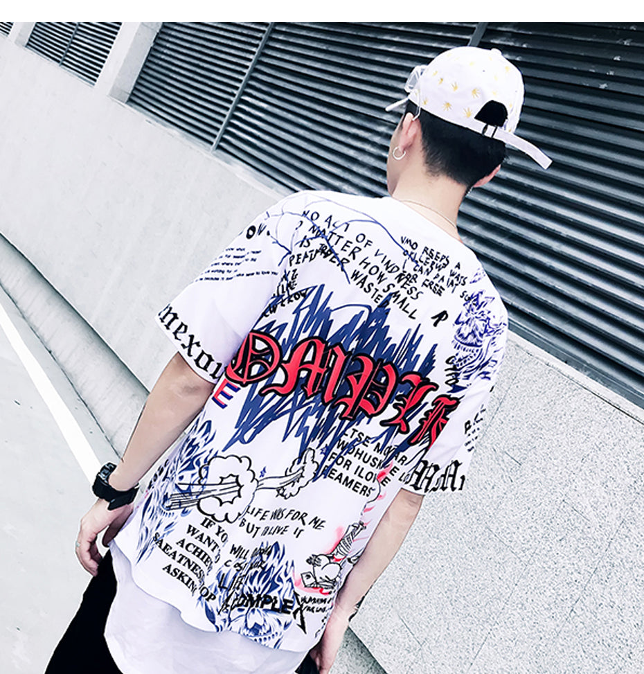 Mens Short Sleeve T-shirt Graffiti Tees Shirts Flame Print Skateboard Tshirts Male Cotton Hip Hop Streetwear KJ54 | Vimost Shop.