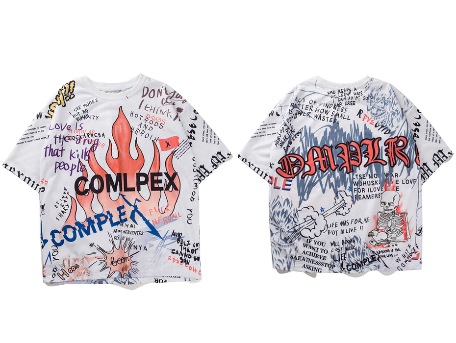 Mens Short Sleeve T-shirt Graffiti Tees Shirts Flame Print Skateboard Tshirts Male Cotton Hip Hop Streetwear KJ54 | Vimost Shop.