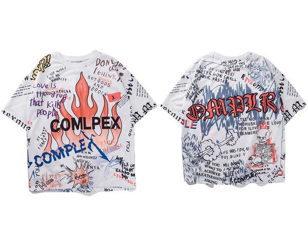 Mens Short Sleeve T-shirt Graffiti Tees Shirts Flame Print Skateboard Tshirts Male Cotton Hip Hop Streetwear KJ54 | Vimost Shop.