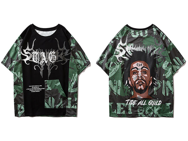 Hip Hop Color Block Character Print Mens T Shirt Harajuku Streetwear Tops Fashion Casual Cotton Short Sleeve | Vimost Shop.