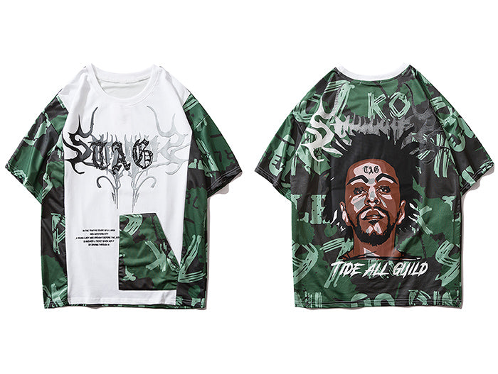 Hip Hop Color Block Character Print Mens T Shirt Harajuku Streetwear Tops Fashion Casual Cotton Short Sleeve | Vimost Shop.