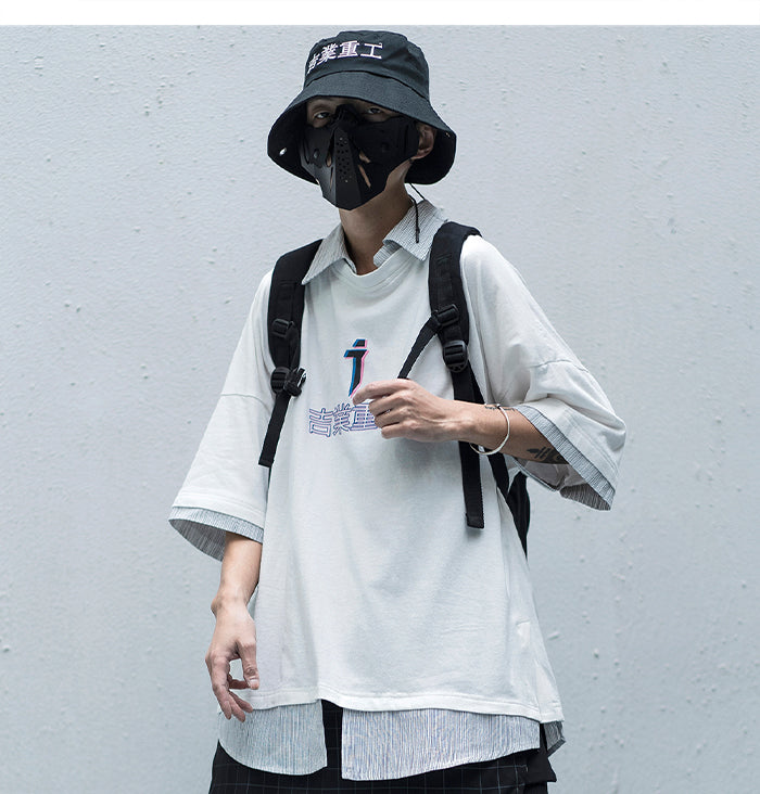 Letter Print Fake Two T Shirt Men Hip Hop Summer Casual Loose Short Sleeve Patchwork Techwear Tshirt Topsni | Vimost Shop.