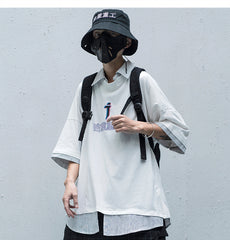 Letter Print Fake Two T Shirt Men Hip Hop Summer Casual Loose Short Sleeve Patchwork Techwear Tshirt Topsni