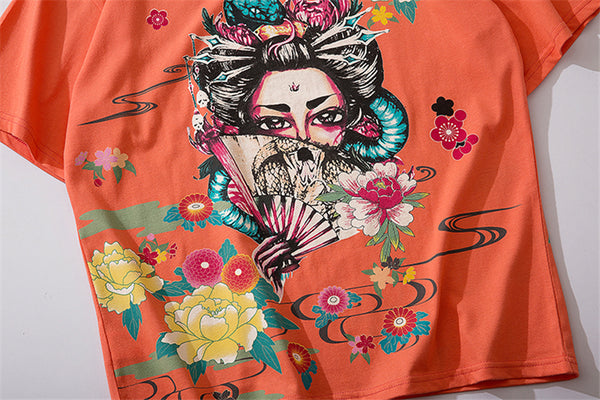 Japanese Geisha Tshirt Streetwear Short Sleeve T Shirt Japan Cotton Tops Tees Men Harajuku Hip Hop T-Shirt | Vimost Shop.
