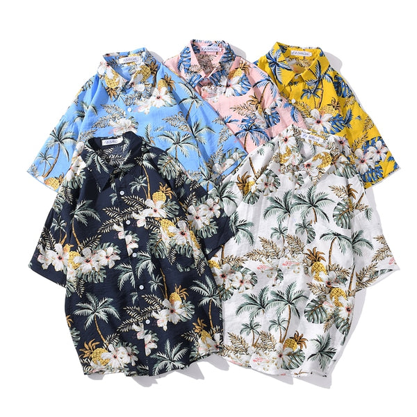 Full Pineapple Coconut Tree Print Yellow Shirt Casual Mens Short Sleeve Fashion Holiday Hawaiian Shirts | Vimost Shop.