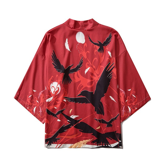 Japanese Crow Print Kimonos Streerwear Yukata Women Haori Harajuku Kimono Robe Cardigan Men Red Asian Clothes | Vimost Shop.