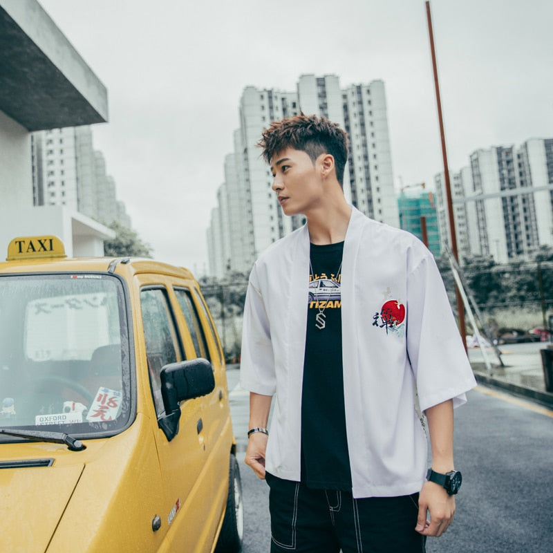 Japenese Words Wave Print Cardigan Kimono Jacket Japanese Harajuku Women Men Streetwear Traditional Top | Vimost Shop.