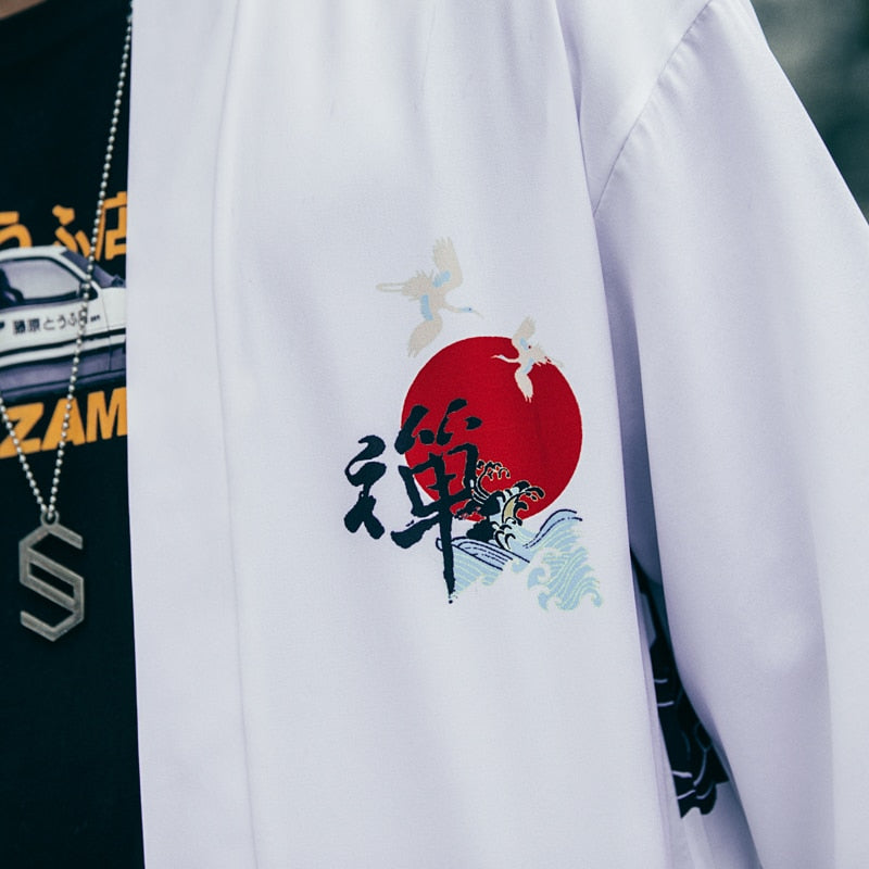 Japenese Words Wave Print Cardigan Kimono Jacket Japanese Harajuku Women Men Streetwear Traditional Top | Vimost Shop.