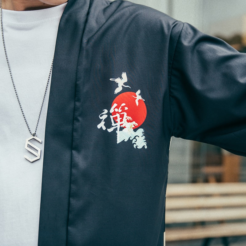 Japenese Words Wave Print Cardigan Kimono Jacket Japanese Harajuku Women Men Streetwear Traditional Top | Vimost Shop.