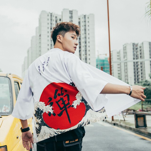 Japenese Words Wave Print Cardigan Kimono Jacket Japanese Harajuku Women Men Streetwear Traditional Top | Vimost Shop.