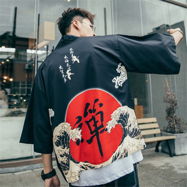 Japenese Words Wave Print Cardigan Kimono Jacket Japanese Harajuku Women Men Streetwear Traditional Top | Vimost Shop.