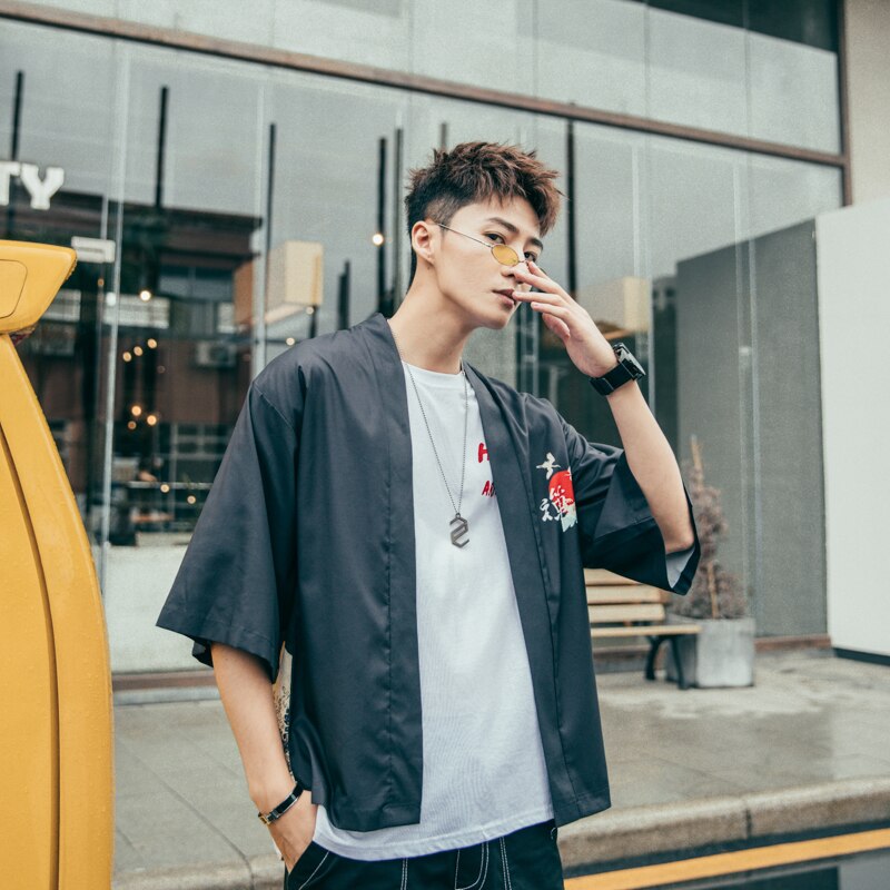 Japenese Words Wave Print Cardigan Kimono Jacket Japanese Harajuku Women Men Streetwear Traditional Top | Vimost Shop.