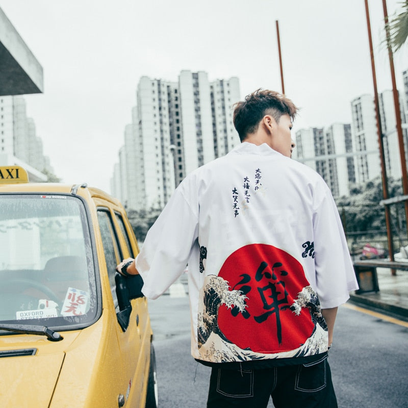 Japenese Words Wave Print Cardigan Kimono Jacket Japanese Harajuku Women Men Streetwear Traditional Top | Vimost Shop.