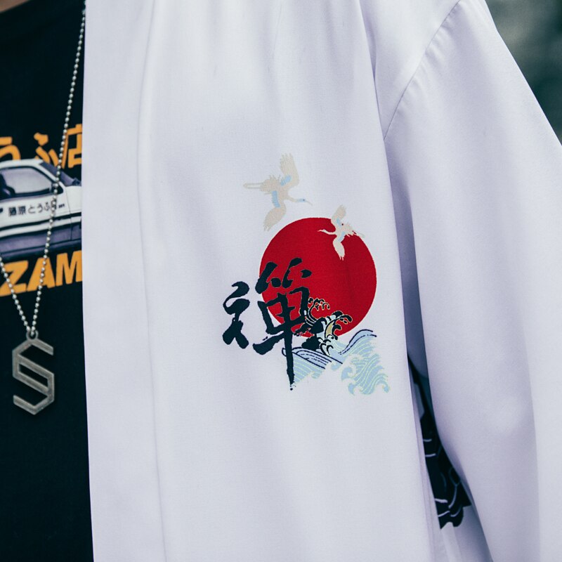 Japenese Words Wave Print Cardigan Kimono Jacket Japanese Harajuku Women Men Streetwear Traditional Top | Vimost Shop.