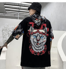 Hip Hop Dark Cat Print Men T Shirt Harajuku Streetwear Hooded Tops Tees Casual Cotton Short Sleeve