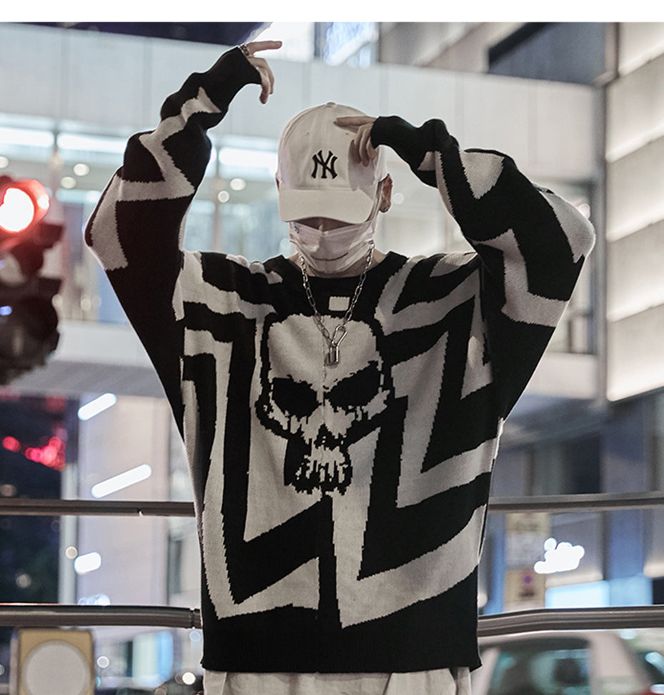 Men Skull Printed Hip Hop Sweater Streetwear High Quality Loose Oversized Sweaters Casual Pullover Clothing KA13 | Vimost Shop.