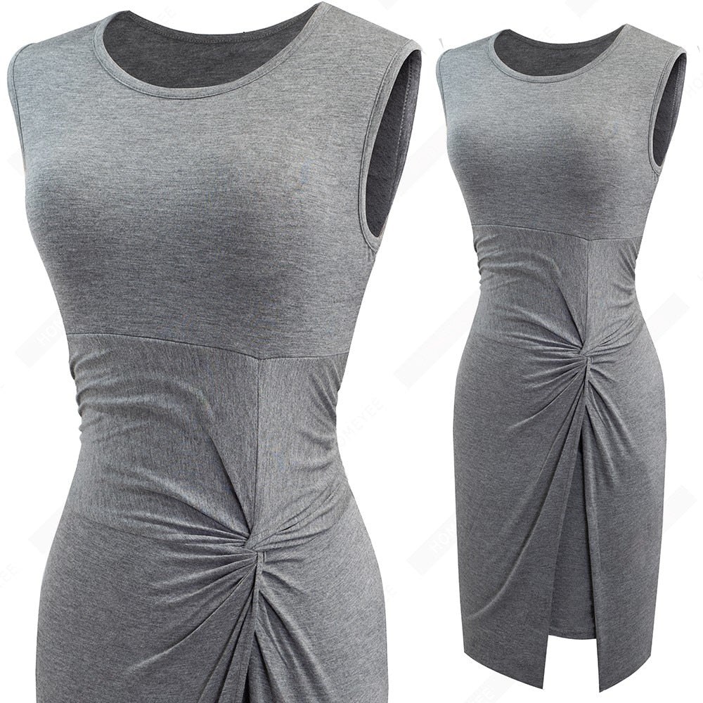 Summer Women Brief One Piece Sleeveless Casual Bodycon Dress Lady Chic Knot Round Neck Dress | Vimost Shop.