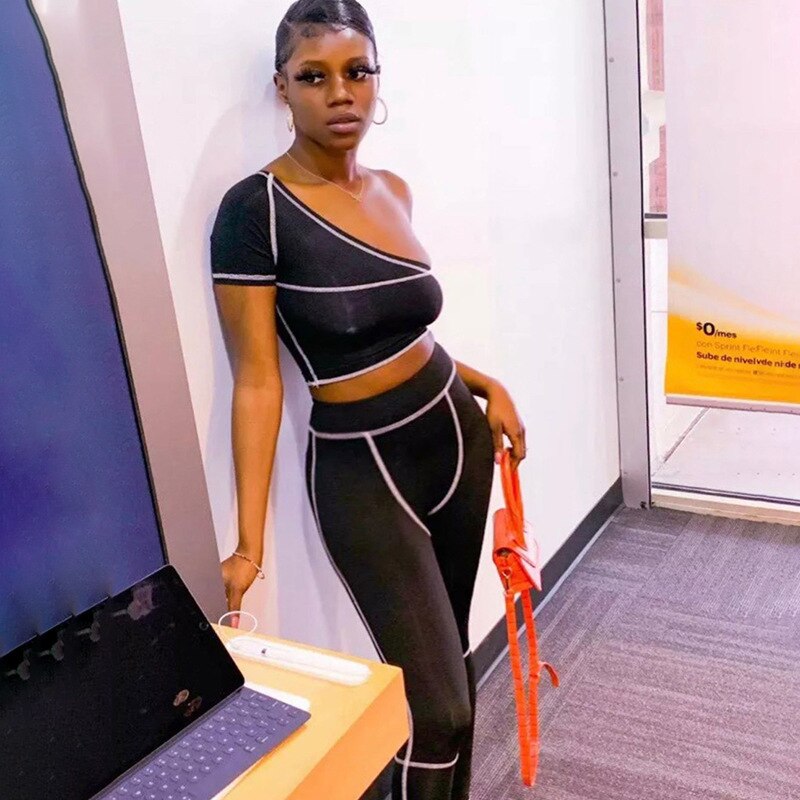 Summer Striped Patchwork Yoga Sports Two Piece Tracksuit Set For Sexy One Shoulder Crop Top Leggings Fitness Pants Jogging Suit | Vimost Shop.