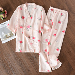 Ladies cotton pajamas set spring summer autumn double layer cotton gauze middle-sleeved trousers kimono home service suit thin