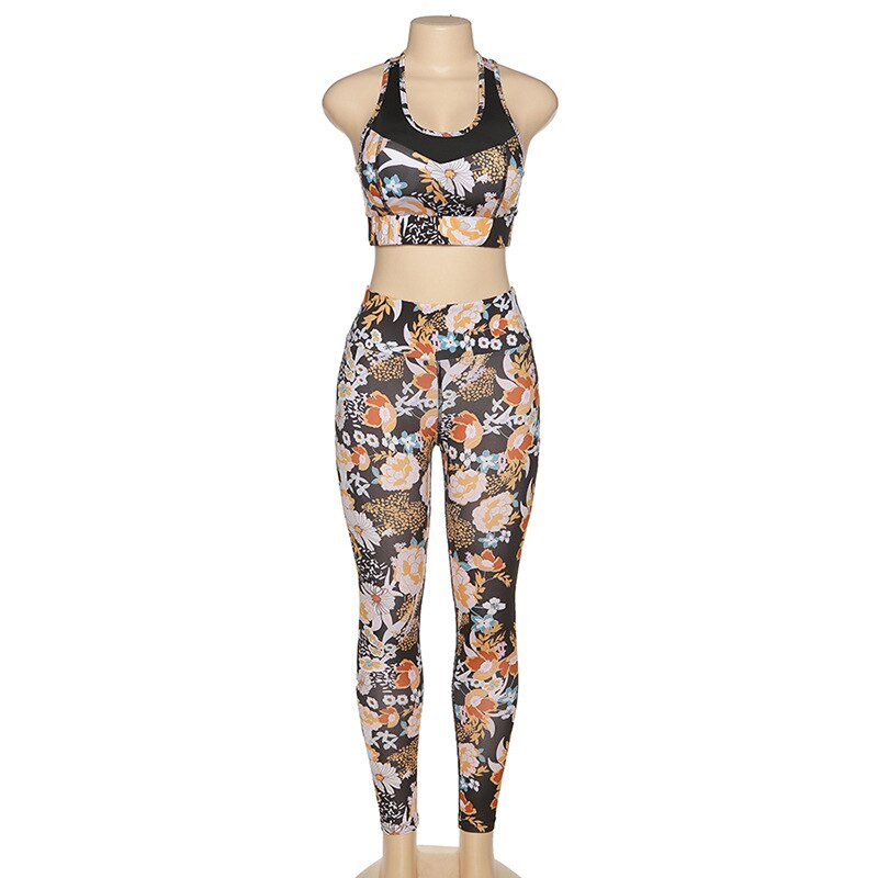 Flower Print Yoga Fitness Clothing For Women Vest Crop Top Leggings Sports Pants Suit Gym Fitness Jogging Slim Tracksuit Outfits | Vimost Shop.