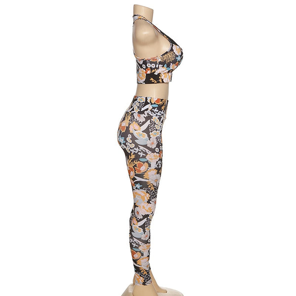 Flower Print Yoga Fitness Clothing For Women Vest Crop Top Leggings Sports Pants Suit Gym Fitness Jogging Slim Tracksuit Outfits | Vimost Shop.