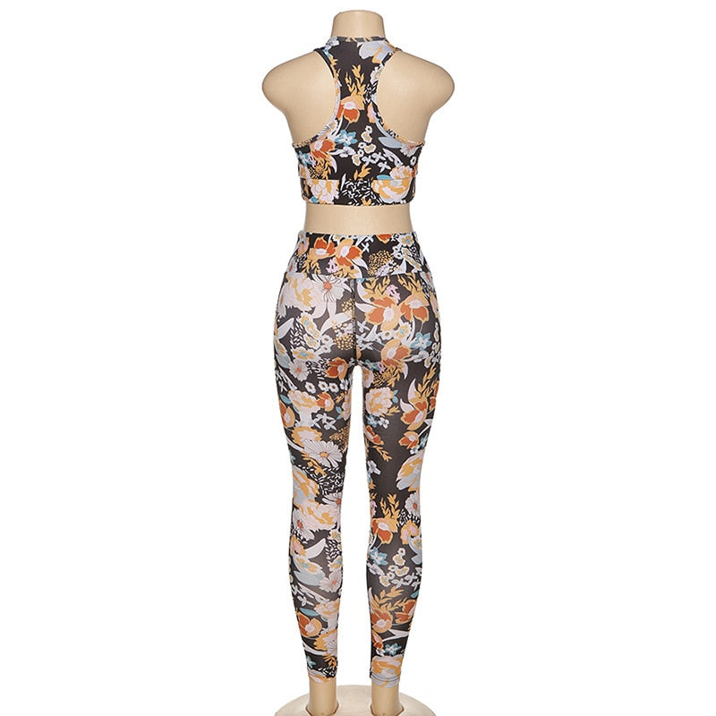 Flower Print Yoga Fitness Clothing For Women Vest Crop Top Leggings Sports Pants Suit Gym Fitness Jogging Slim Tracksuit Outfits | Vimost Shop.