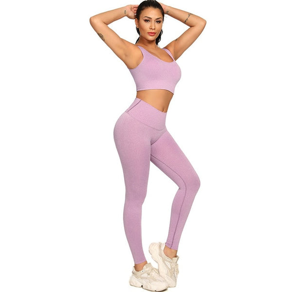 Ribbing Seamless Yoga Sets Fitness Sports Set Tank Crop Top Pants Tracksuit For Women Push Up Work Out Gym Sportswear Outfits | Vimost Shop.