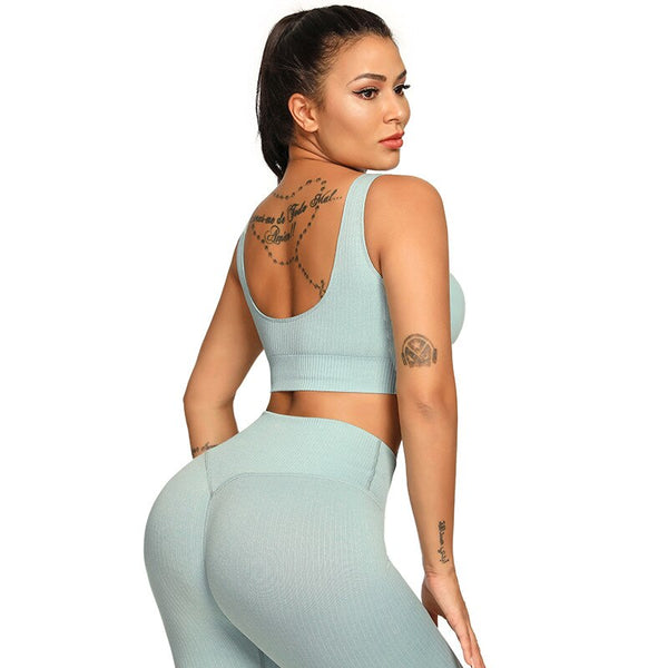 Ribbing Seamless Yoga Sets Fitness Sports Set Tank Crop Top Pants Tracksuit For Women Push Up Work Out Gym Sportswear Outfits | Vimost Shop.
