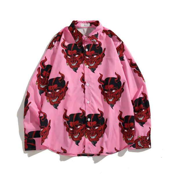 Japanese Style Devil Print Clothes Streetwear Shirts Mens Casual Long Sleeve Shirt Camisas Hip Hop Shirts Tops | Vimost Shop.