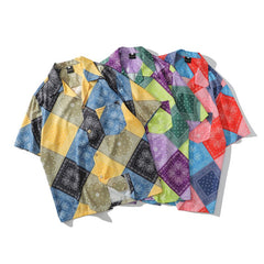 Fashion Harajuku Patchwork Hawaiian Shirts Streetwear Hip Hop Casual Vintage Beach Camisas Shirt Summer Men Purple Tops