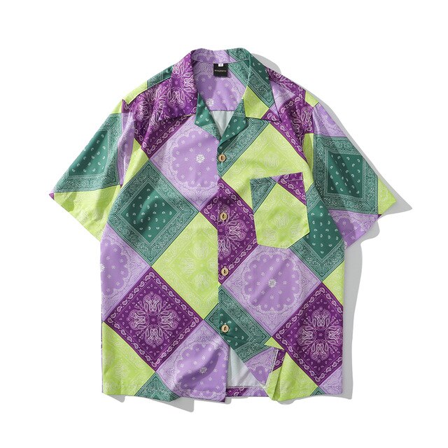 Fashion Harajuku Patchwork Hawaiian Shirts Streetwear Hip Hop Casual Vintage Beach Camisas Shirt Summer Men Purple Tops | Vimost Shop.