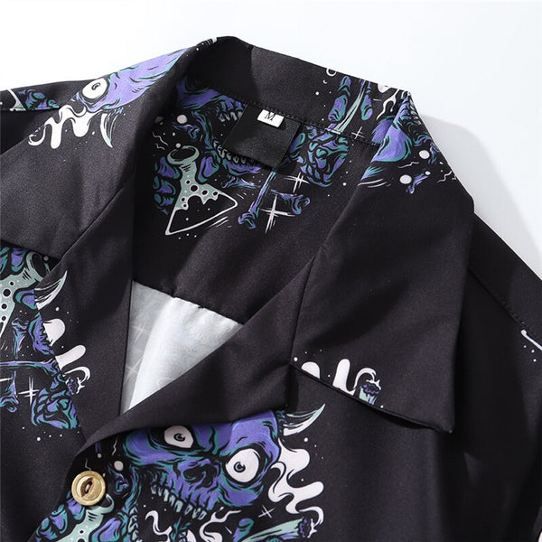 Summer Fashion Harajuku Full Devil Print Hawaiian Shirts Streetwear Hip Hop Casual Beach Short Sleeve Men Black Tops | Vimost Shop.