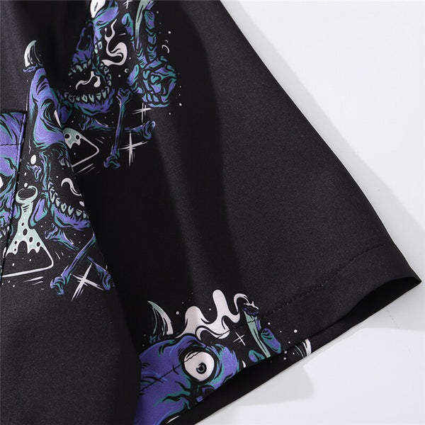 Summer Fashion Harajuku Full Devil Print Hawaiian Shirts Streetwear Hip Hop Casual Beach Short Sleeve Men Black Tops | Vimost Shop.