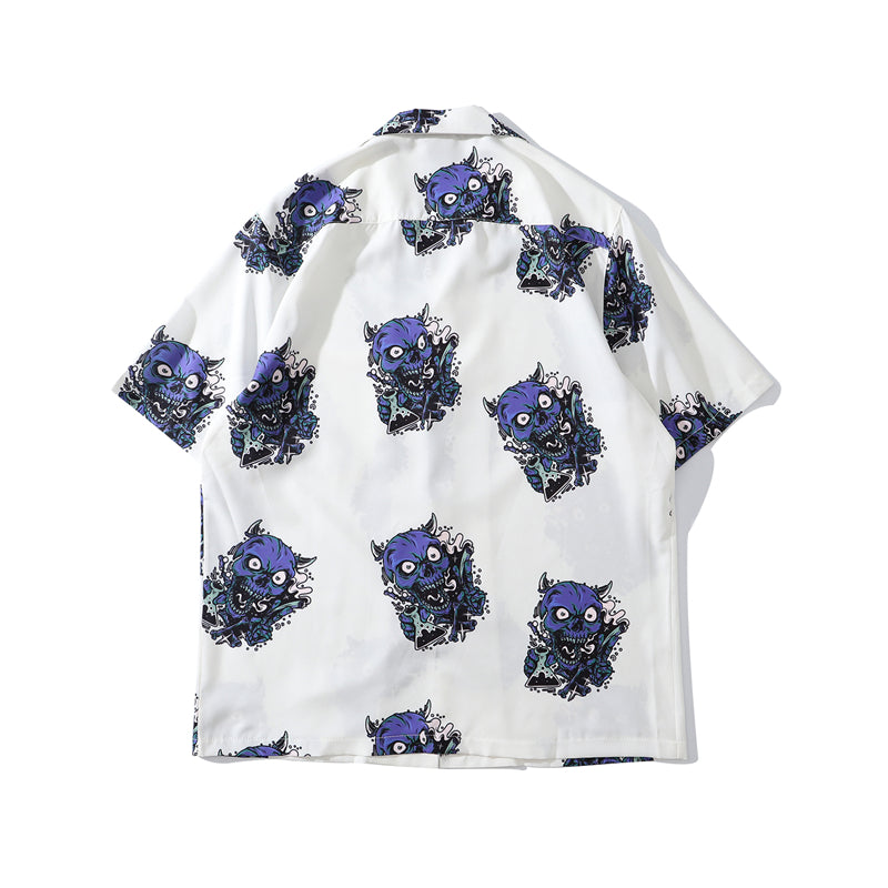 Summer Fashion Harajuku Full Devil Print Hawaiian Shirts Streetwear Hip Hop Casual Beach Short Sleeve Men Black Tops | Vimost Shop.