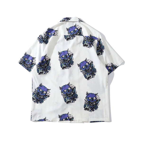 Summer Fashion Harajuku Full Devil Print Hawaiian Shirts Streetwear Hip Hop Casual Beach Short Sleeve Men Black Tops | Vimost Shop.