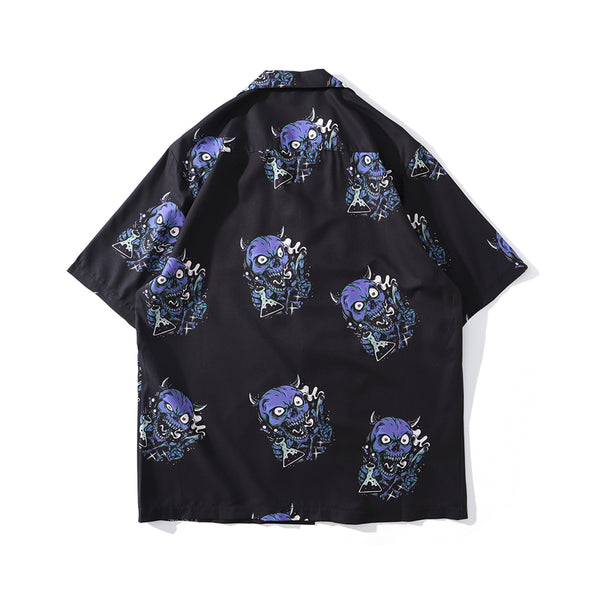 Summer Fashion Harajuku Full Devil Print Hawaiian Shirts Streetwear Hip Hop Casual Beach Short Sleeve Men Black Tops | Vimost Shop.