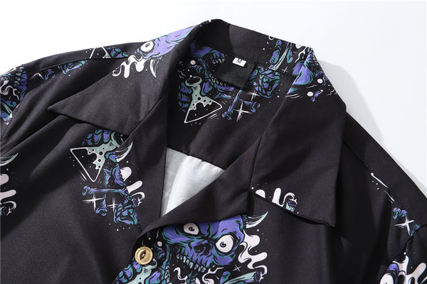 Summer Fashion Harajuku Full Devil Print Hawaiian Shirts Streetwear Hip Hop Casual Beach Short Sleeve Men Black Tops | Vimost Shop.